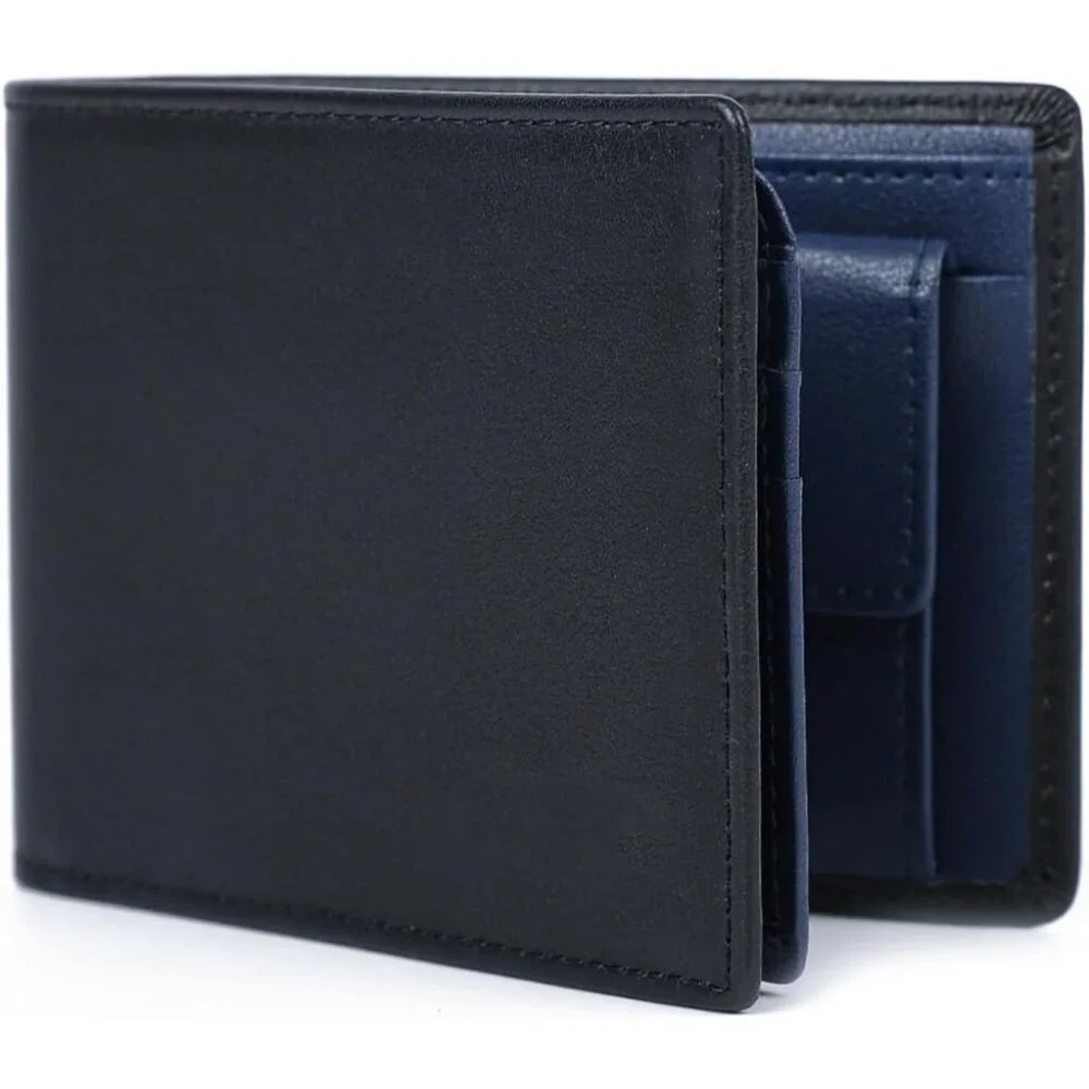 Men's Blue Front Coin Pocket Flip Up Leather Wallet Card Blocking Slim Bifold
